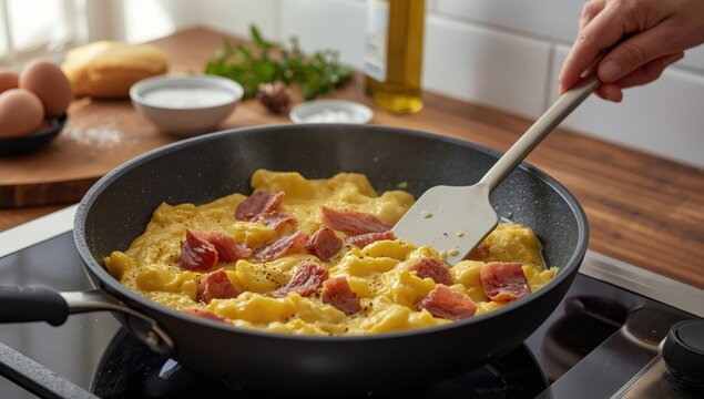 Scrambled eggs mixed with pastrami, seasoned with salt, butter, oil, and black pepper.