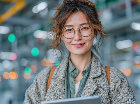 A smiling woman holds a tablet in an industrial workspace, with freckles and messy hair adding warmth to the candid portrait.