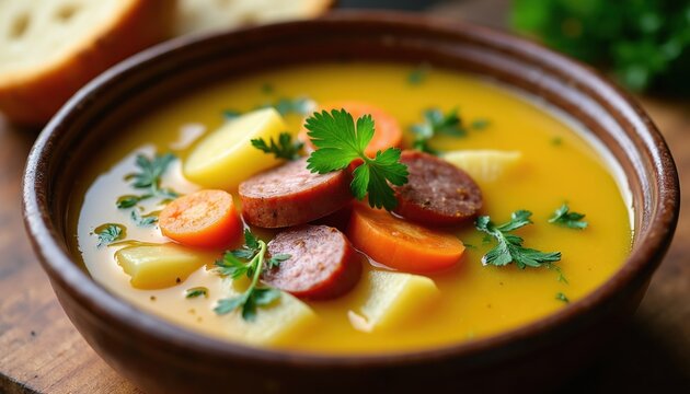 Hearty potato leek soup with sausage and carrots served in a rustic bowl. Garnished with parsley, it offers a warm, savoury meal. Fresh bread complements this delicious comfort food dish.