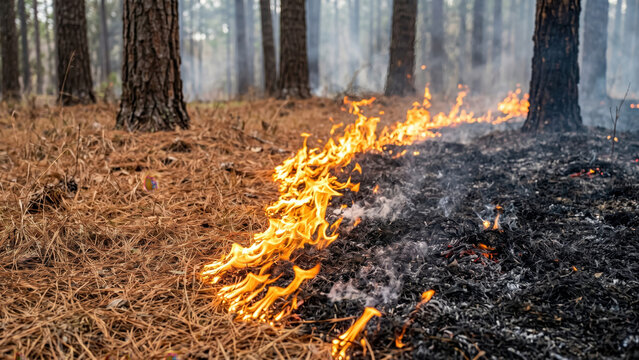 Backburning, burn fire line clearing dry forest floor pine needles, wildfire mitigation