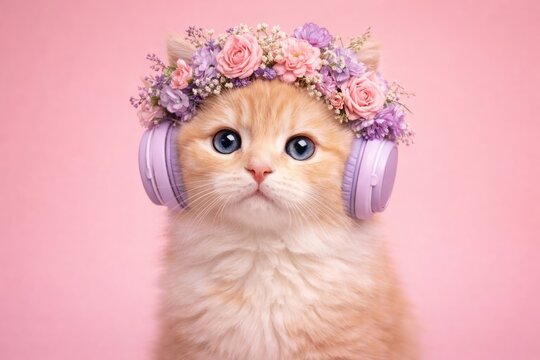 Adorable kitten wearing floral headphones.