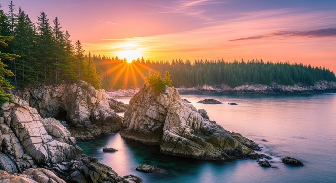 Glowing sun emerges over a jagged coastline as pink and orange hues fill the morning sky above calm ocean waters and dense pine forests, wilderness, golden, environment
