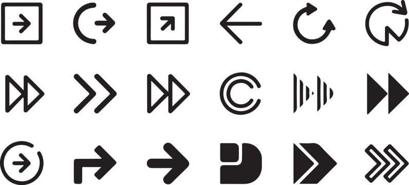 Set of various black arrow symbols and navigation icons for user interface design and web development