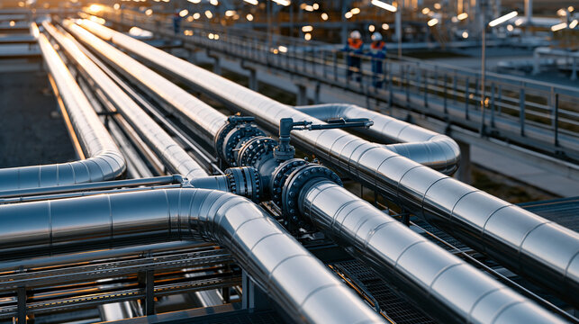 Pipeline infrastructure aerial perspective showing a rural industrial facility with multiple parallel pipelines converging at a central processing junction, workers in safety gear visible on elevate