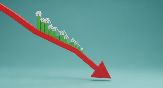 Declining Housing Market Falling Arrow Downward Trend Real Estate Crisis Economic Recession Property Value Decrease Market Downturn