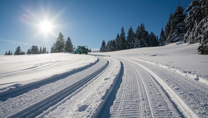 Obraz premium Ski trails on fresh snow under the winter sun.