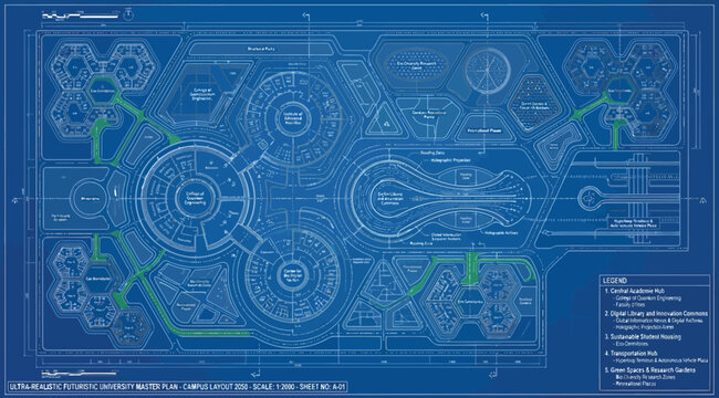 Complex architectural blueprint of a futuristic modular research and development campus