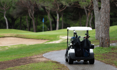 Fototapeta premium Golf Cart on Fairway at green golf course, parked under bright sunshine, outdoor golf vehicle on a summer day, relaxing sport environment.
