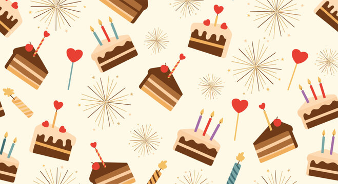Festive seamless pattern features slices of chocolate and vanilla cakes with candles and celebratory starburst fireworks on cream.