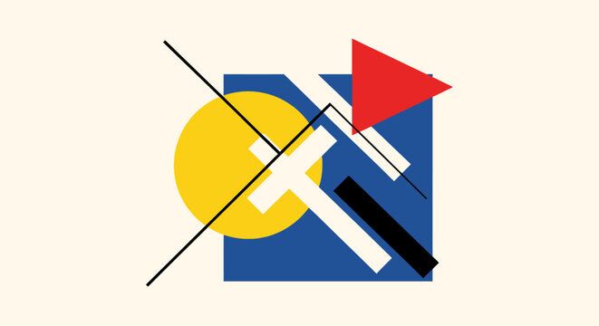 Abstract geometric composition with colorful shapes and lines.