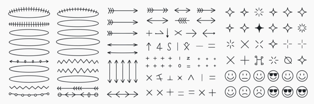 Set of hand drawn doodle including various oval frames arrow pointers mathematical symbols plus signs cross marks star shapes and smiling or frowning emoji faces on a white background