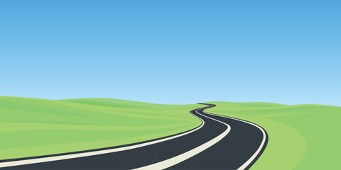 Fototapeta premium Winding Road Landscape, Cartoon Vector Illustration. Scenic Highway. Summer Countryside Square Background. Curved Asphalt Road Perspective