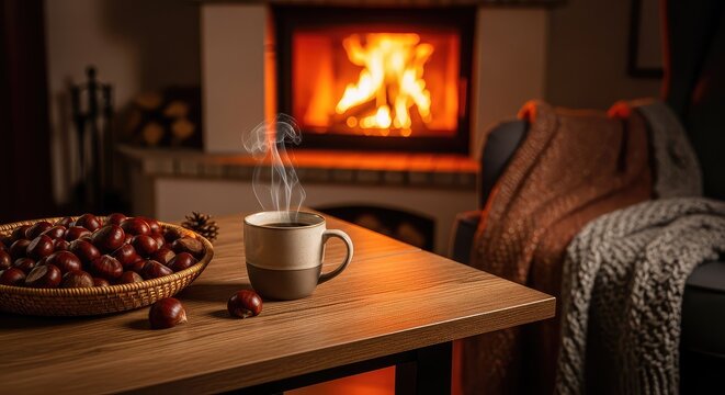 A cozy autumn interior featuring a warm glowing fireplace, a basket of fresh chestnuts, and a steaming ceramic mug on a rustic wood table, wood, still life, cottage