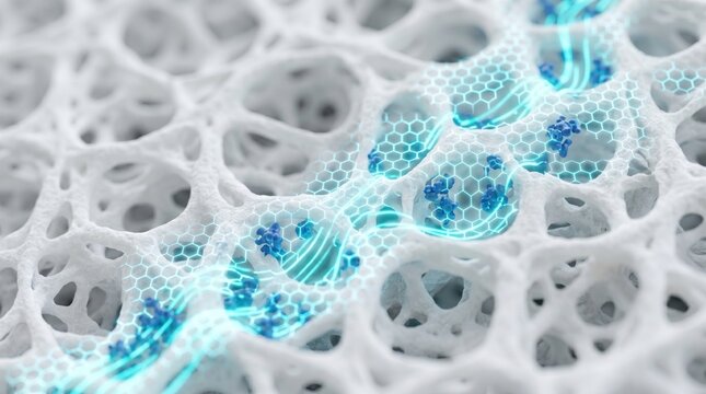 3D macro illustration of a glowing blue hexagonal nanotech mesh flowing through a porous white biomaterial structure