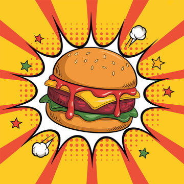 Juicy cheeseburger exploding with energy and comic style effects