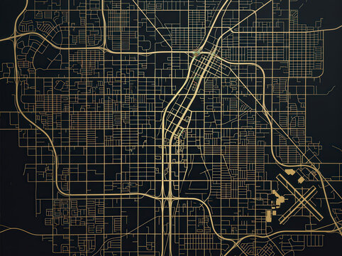Aerial view of a detailed city map with golden lines on a dark background. The intricate network of streets and roads creates a geometric pattern, revealing the urban landscape from above