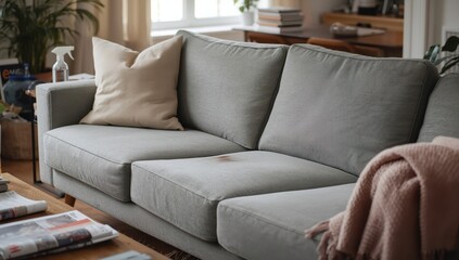 Fototapeta premium Soiled mark on gray couch in the lounge.
