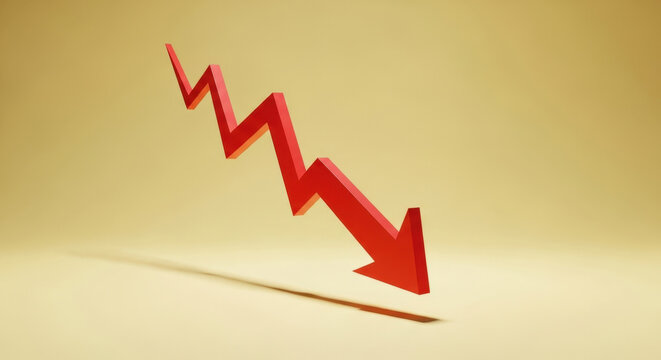 Decreasing Arrow Chart Graphic Presentation on Golden Background Illustration of Downward Trend for Business Finance or Stock Market Concept