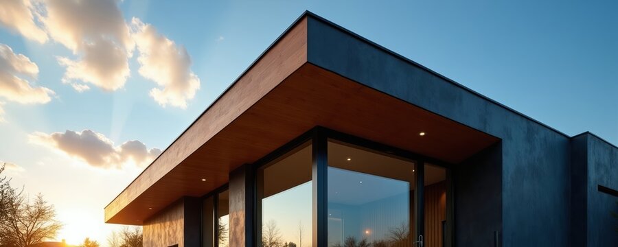 Modern house corner with large glass windows and dark textured facade. Wide wooden soffit contrasts with black exterior. Sunset sky with clouds adds calm atmosphere.