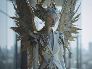 Obraz premium An ethereal winged figure in a tailored white suit stands against a modern building, with golden wings and skin details glowing softly.