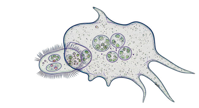 Microscopic amoeba actively engulfing a ciliate in a detailed biological illustration, isolated on a clean white background