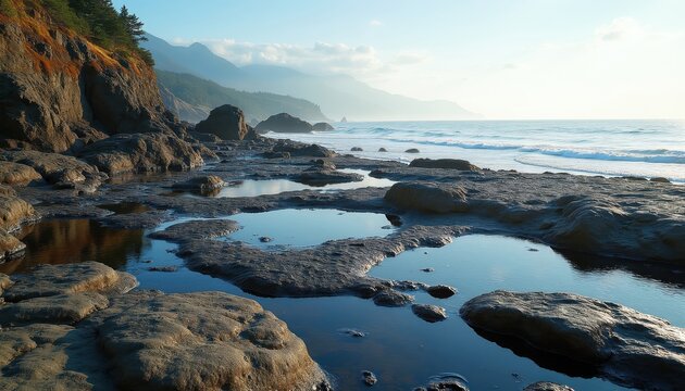 Rocky coast with tide pools and calm ocean waves under a hazy sky. Mountains visible in distance with lush green trees on cliffside. Natural seascape reflection in water.
