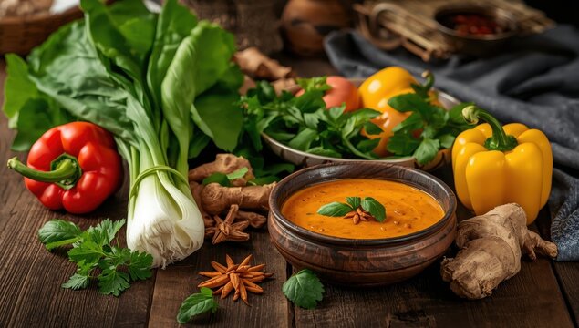 Thai cuisine, veggies, spice, and health focus.