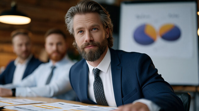 Budget reallocation meeting where a CFO draws a before-and-after pie chart on a whiteboard, three department heads seated around a narrow table with printed cost reports and highlighted line items s
