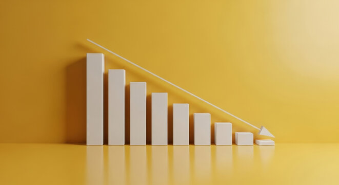 Decreasing Bar Graph with Downward Arrow Symbolizing Economic Decline, Loss, and Recession on Yellow Background