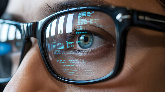 Futuristic digital code reflection in eyeglasses, software developer eye close up with data screen, cybersecurity and programming concept