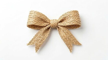 Woven straw bow tie isolated on plain white background featuring intricate braided texture and natural fiber material for fashion accessories and rustic decoration.