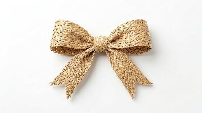Woven straw bow tie isolated on plain white background featuring intricate braided texture and natural fiber material for fashion accessories and rustic decoration.