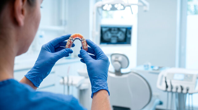 Dentist examining a partial denture in a modern dental clinic setting