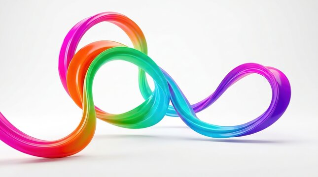 Abstract loop of vibrant rainbow colored glossy ribbon twisting in space against solid white background perfect for modern decorative graphic design art project.