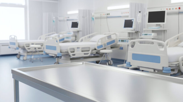 Modern hospital ward with multiple beds and medical equipment ready for patients