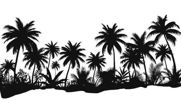 Palm trees growing in a dense tropical forest cluster form a dark silhouette that provides a versatile visual asset for creative compositions needing a natural organic border or decorative framing.