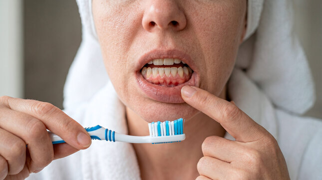 Close-up of a woman pointing to her inflamed gums while holding a toothbrush