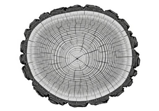Black and white cross section of a tree trunk with visible concentric growth rings