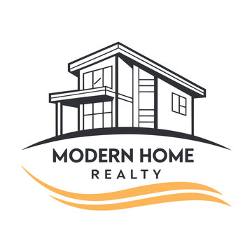 Modern home realty logo design featuring a stylized house on a hilltop with wavy lines real estate property management
