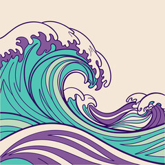 Fototapeta premium Stylized illustration of raging ocean waves in japanese art style with turquoise and purple tones japanese abstract