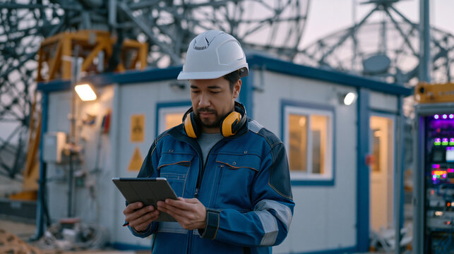 Modernized GPS ground station antenna farm at dawn, solitary systems engineer in hard hat reviewing a tablet beside a newly installed signal processing shelter, updated navigation payload equipment 