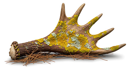 Fototapeta premium Moss covered isolated deer antler on pine needles on forest floor