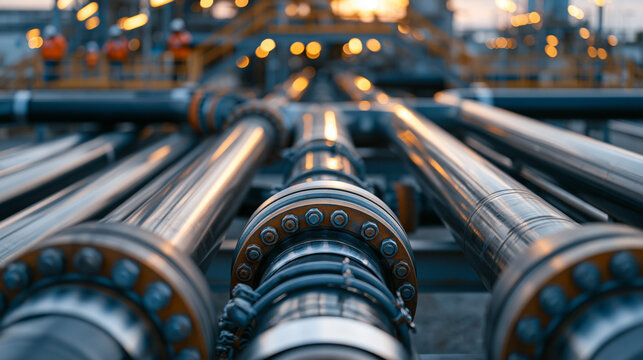 Pipeline infrastructure aerial perspective showing a rural industrial facility with multiple parallel pipelines converging at a central processing junction, workers in safety gear visible on elevate