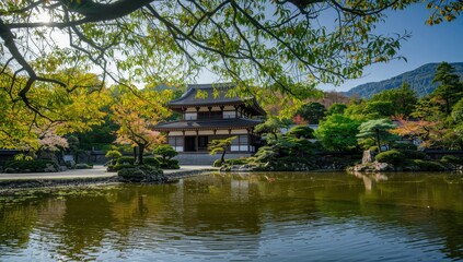 Obraz premium Togudo Hall at Ginkakuji Temple beside a pond. Popular landmark in Kyoto, Japan.
