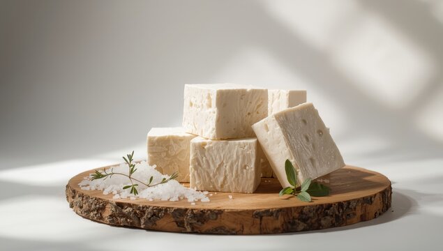 Tofu, a food product derived from fermented soybeans.