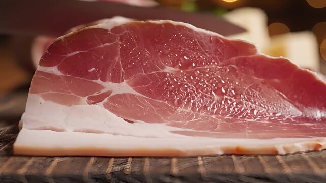 Closeup of Cured Meat Slice with Fat Marbling on Wooden Surface.