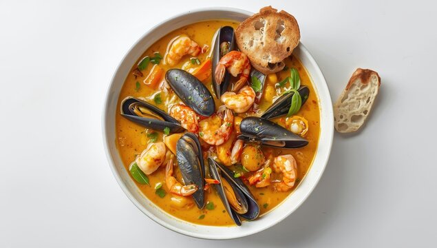 Top view of a seafood chowder bowl with shrimp and mussels on a white table.