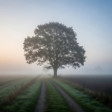 Solitary tree on a misty rural path at dawn, with soft pastel sky