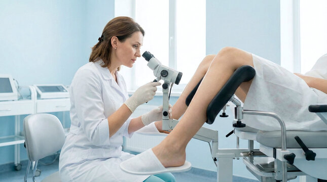 Gynecologist examining patient with colposcope during medical checkup in clinic