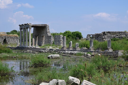 The flooded ancient Ionic Stoa with columns reflecting in water at Miletus Turkey
